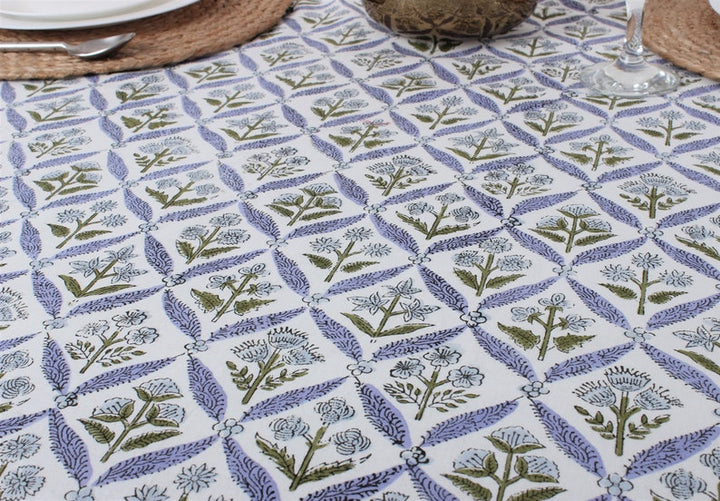 Fabricrush Light Steel Blue, Olive Green Indian Hand Block Floral Printed Pure Cotton Cloth Round Tablecloth, Farmhouse Wedding Party Outdoor, Gift for her, gifts, Valentine's day,  Easter, Spring