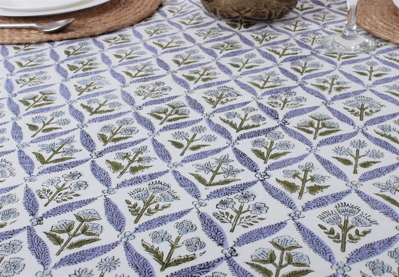 Fabricrush Light Steel Blue, Olive Green Indian Hand Block Floral Printed Pure Cotton Cloth Round Tablecloth, Christmas Farmhouse Wedding Party Outdoor