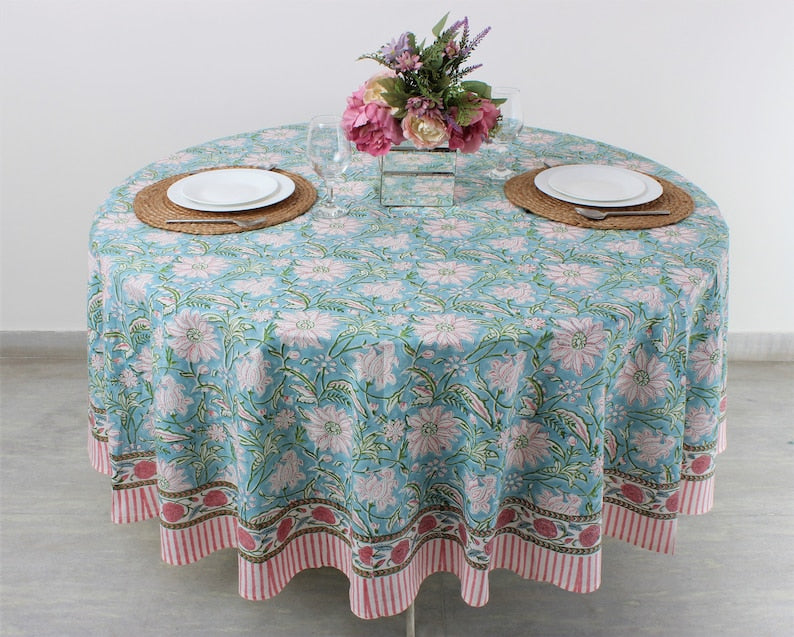 Fabricrush Ice Blue Kelly Green Flamingo Pink Indian Hand Block Printed Cotton Round Tablecloth, Table Cover, Home Party Event Wedding Farmhouse Patio
