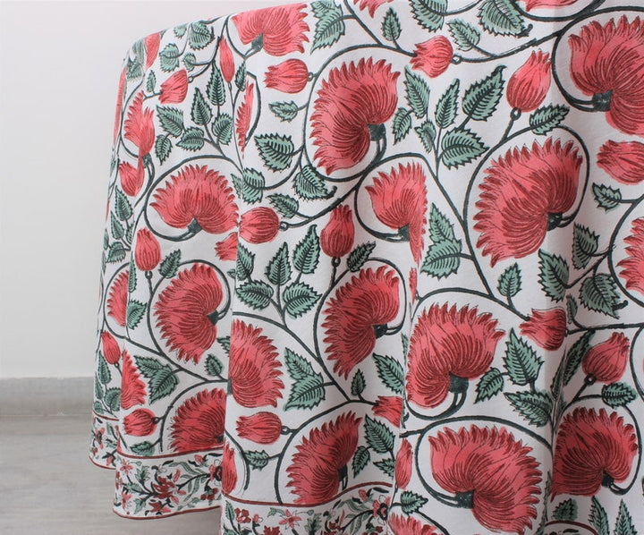 Coral and Turquoise Green Indian Floral Hand-Block Printed Cotton Round Tablecloth