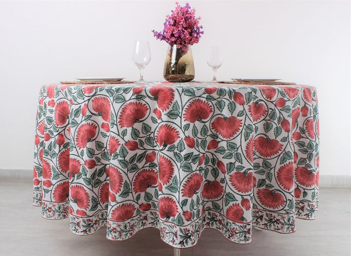 Coral and Turquoise Green Indian Floral Hand-Block Printed Cotton Round Tablecloth