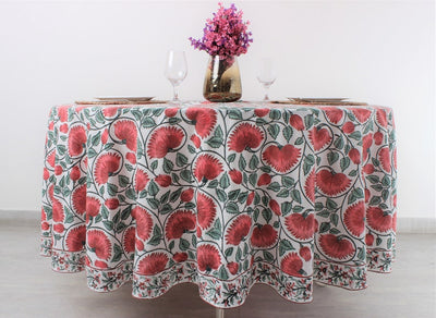 Fabricrush Coral and Turquoise Green Indian Floral Hand Block Print 100% Pure Cotton Round Tablecloth, Party Wedding Farmhouse Picnic Outdoor Birthday