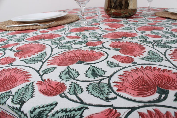 Coral and Turquoise Green Indian Floral Hand-Block Printed Cotton Round Tablecloth