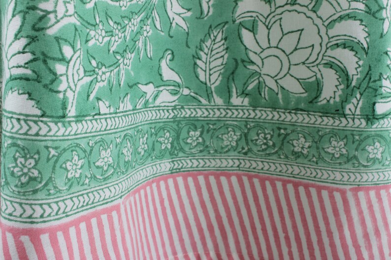Fibercrush MInt Green and Pink Indian Floral Hand Block Printed with Border Around Cotton Round Tablecloth, Table Cover, Party Tablecloth, 60" 90" 110"