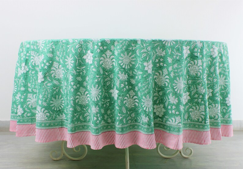 Fibercrush MInt Green and Pink Indian Floral Hand Block Printed with Border Around Cotton Round Tablecloth, Table Cover, Party Tablecloth, 60" 90" 110"
