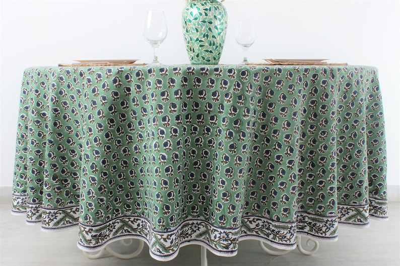 Fabricrush Basil Green, Peacock Blue Round Tablecloth, Indian Floral Hand Block Printed Cotton Cloth Table cover, Party Wedding Farmhouse Home Events