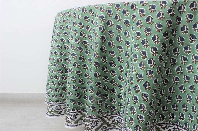 Fabricrush Basil Green, Peacock Blue Round Tablecloth, Indian Floral Hand Block Printed Cotton Cloth Table cover, Party Wedding Farmhouse Home Events