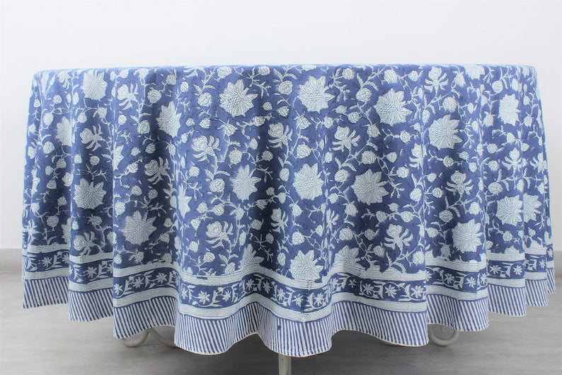 Blue and White Hand Block Floral Cotton Round  Tablecloth Available in Multiple sizes. Ideal for Home Décor, Wedding, Birthday, Anniversary, House Warming Farmhouse and for Men, Mother and Daughter, Valentine's day,  Easter, Spring