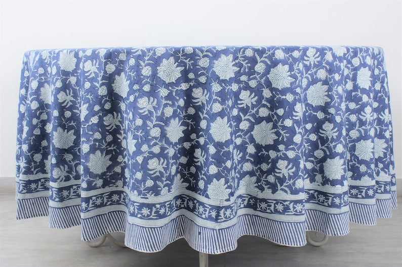 Prussian Blue and White Indian Floral Block Printed Cotton Cloth Round Tablecloth, Party Wedding Farmhouse Christmas Table Linen, Home Decor