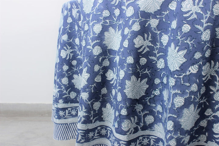 Blue and White Hand Block Floral Cotton Round  Tablecloth Available in Multiple sizes. Ideal for Home Décor, Wedding, Birthday, Anniversary, House Warming Farmhouse and for Men, Mother and Daughter, Valentine's day,  Easter, Spring