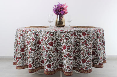 Fabricrush Prune Red, Army Green Round Tablecloth, Indian Floral Block Printed Cotton Tablecloth, Party Wedding Farmhouse Christmas