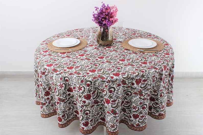 Fabricrush Prune Red, Army Green Round Tablecloth, Indian Floral Block Printed Cotton Tablecloth, Party Wedding Farmhouse Christmas