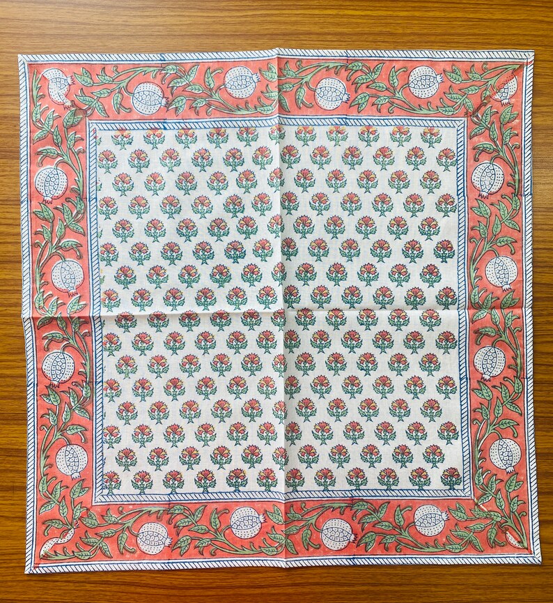 Orange and Green Indian Floral Hand Block Printed Cotton Cloth Napkins Size 20x20" Wedding Events Home Party Housewarming Restaurant Gift