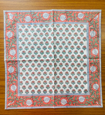 Fabricrush Orange and Green Indian Floral Hand Block Printed Cotton Cloth Border Napkins Size 20x20" Wedding Events Home Party Housewarming Mother's Gift