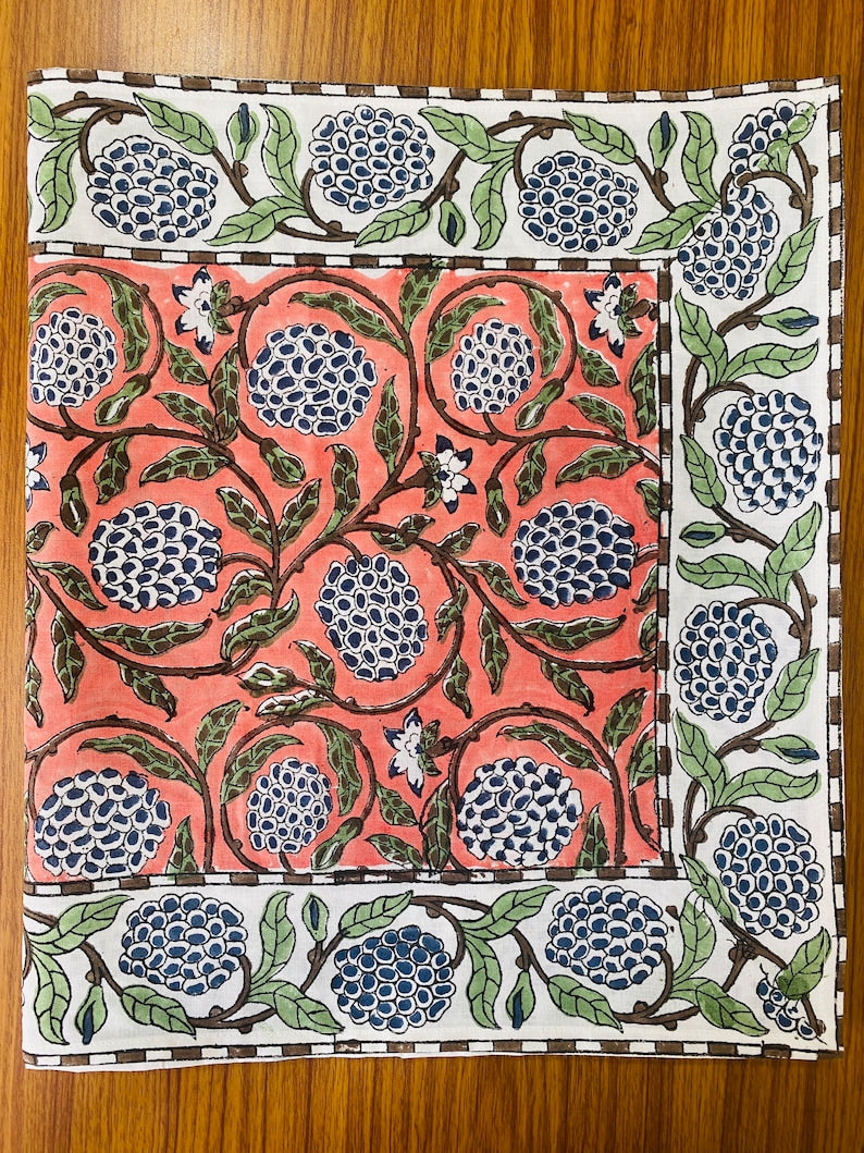 Fabricrush Dark Salmon Pink, Sage Green, Delft Blue Indian Hand Block Floral Printed Cotton Cloth Table Runners, Wedding Events Home Party Decor, Gift for her