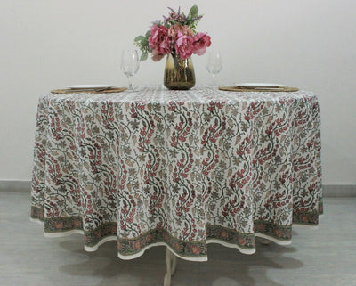 Coral Pink, Hunter Green Round Tablecloth, Indian Floral Block Print Cotton Tablecloth, Party Wedding Farmhouse Housewarming Home Restaurant