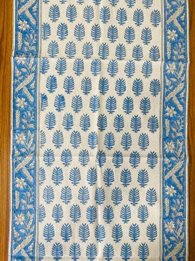 Cerulean Blue and Off White Indian Leaves Printed 100% Pure Cotton Cloth Table Runners Wedding Events Home Decor Party Console Birthday Gift