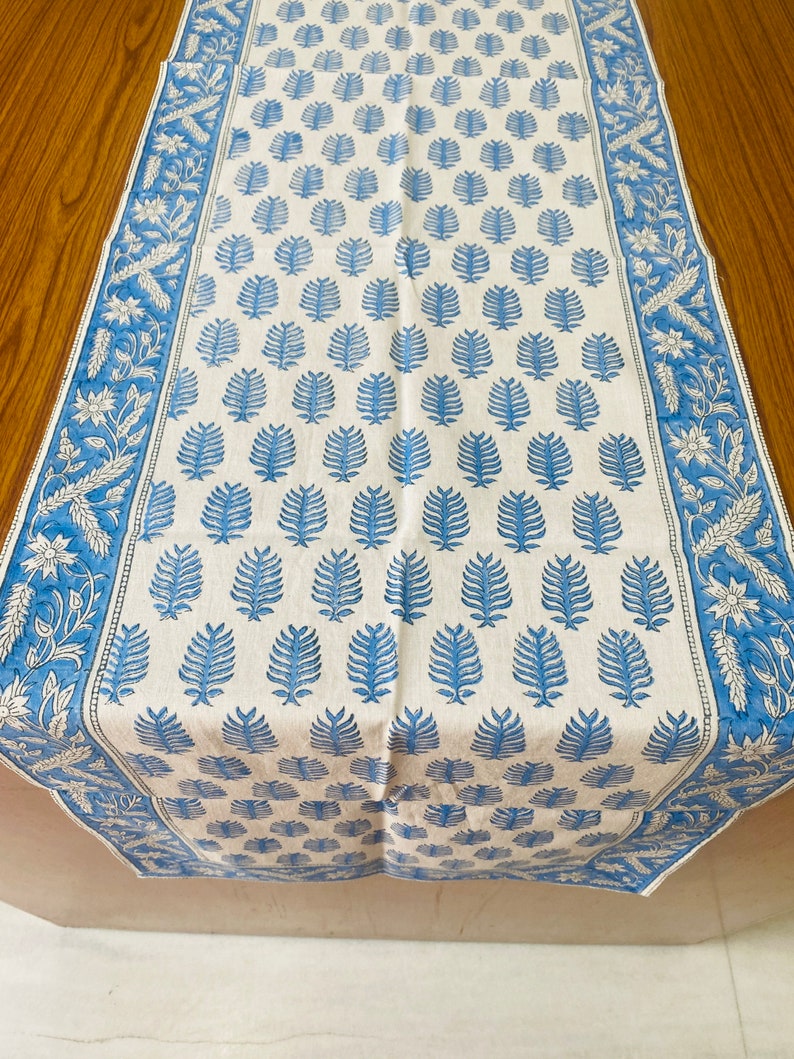 Fabricrush Cerulean Blue and Off White Indian Leaves Printed 100% Pure Cotton Cloth Table Runners Wedding Events, Home Decor, Party Console Birthday, Gift for her