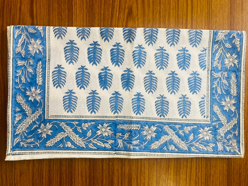 Fabricrush Cerulean Blue and Off White Indian Leaves Printed 100% Pure Cotton Cloth Table Runners Wedding Events Home Decor Party Console Birthday Gift