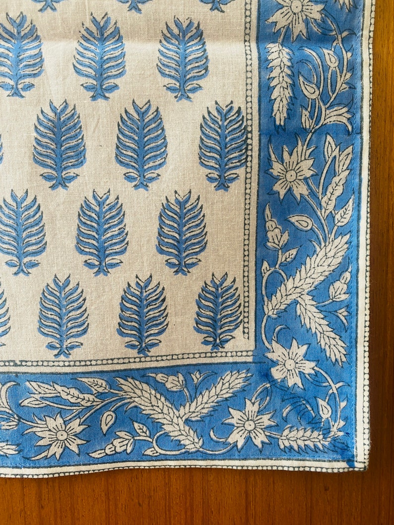 Fabricrush Cerulean Blue and Off White Indian Leaves Printed 100% Pure Cotton Cloth Table Runners Wedding Events, Home Decor, Party Console Birthday, Gift for her