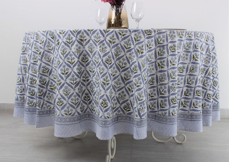 Fabricrush Light Steel Blue, Olive Green Indian Hand Block Floral Printed Pure Cotton Cloth Round Tablecloth, Christmas Farmhouse Wedding Party Outdoor