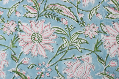 Fabricrush Ice Blue Kelly Green Flamingo Pink Indian Hand Block Printed Cotton Round Tablecloth, Table Cover, Home Party Event Wedding Farmhouse Patio