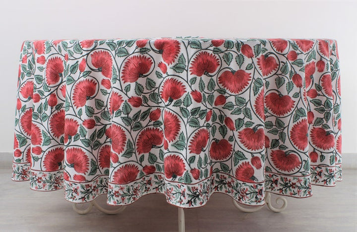 Coral and Turquoise Green Indian Floral Hand-Block Printed Cotton Round Tablecloth