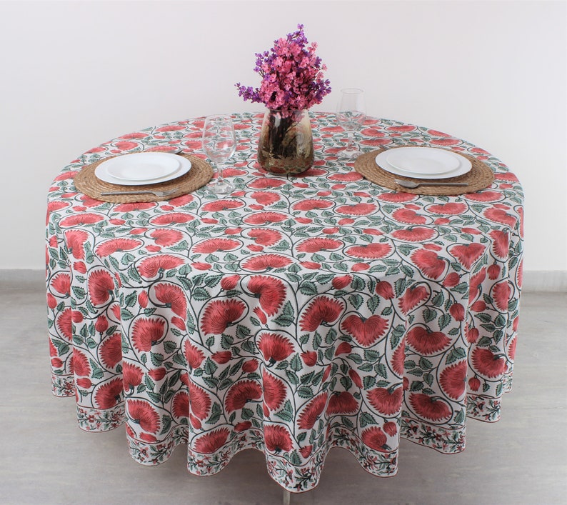 Fabricrush Coral and Turquoise Green Indian Floral Hand Block Print 100% Pure Cotton Round Tablecloth, Party Wedding Farmhouse Picnic Outdoor Birthday