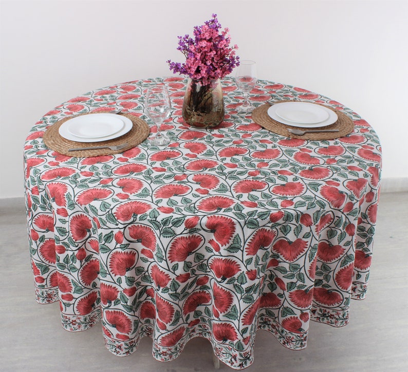 Coral and Turquoise Green Indian Floral Hand-Block Printed Cotton Round Tablecloth