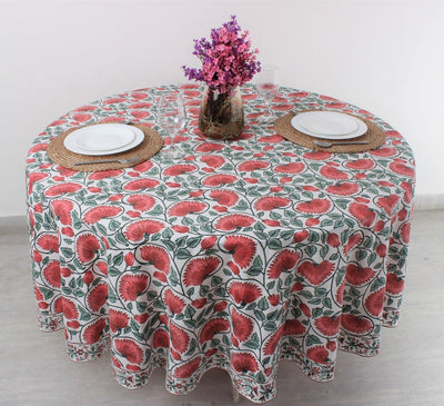 Fabricrush Coral and Turquoise Green Indian Floral Hand Block Print 100% Pure Cotton Round Tablecloth, Party Wedding Farmhouse Picnic Outdoor Birthday