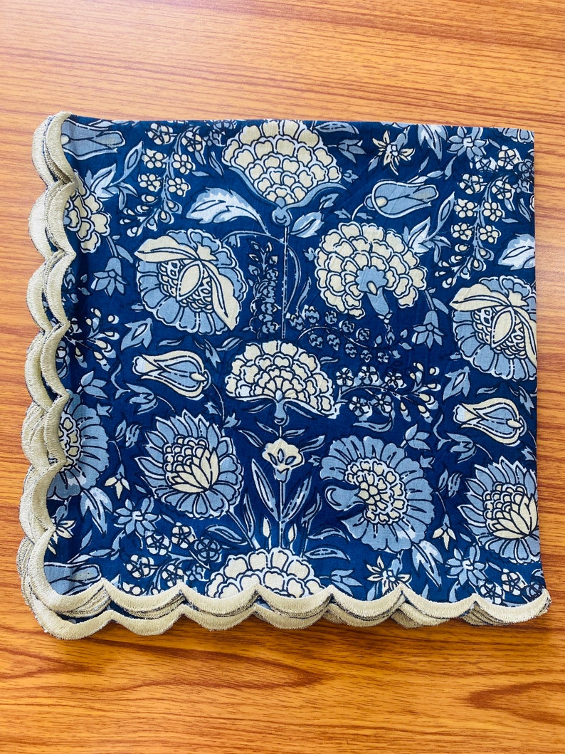 Fabricrush Navy Blue Floral Design Indian Hand Block Printed Cotton Scallop Embroidery Napkins, 18x18"- Cocktail 20x20"- Dinner Napkin, Gift for her, gifts, Halloween, Christmas, Thanksgiving