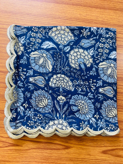 Navy Blue Floral Design Indian Hand Block Printed Cotton Scallop Embroidery Napkins, 9x9"- Cocktail 20x20"- Dinner Napkin