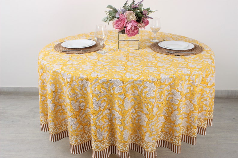 Fabricrush Saffron Yellow Round Tablecloth, Indian Floral Block Printed Cotton Table Cover, Wedding Party Home Decor Events Farmhouse Console Birthday