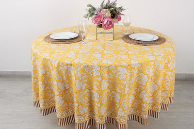 Fabricrush Saffron Yellow Round Tablecloth, Indian Floral Block Printed Cotton Table Cover, Wedding Party Home Decor