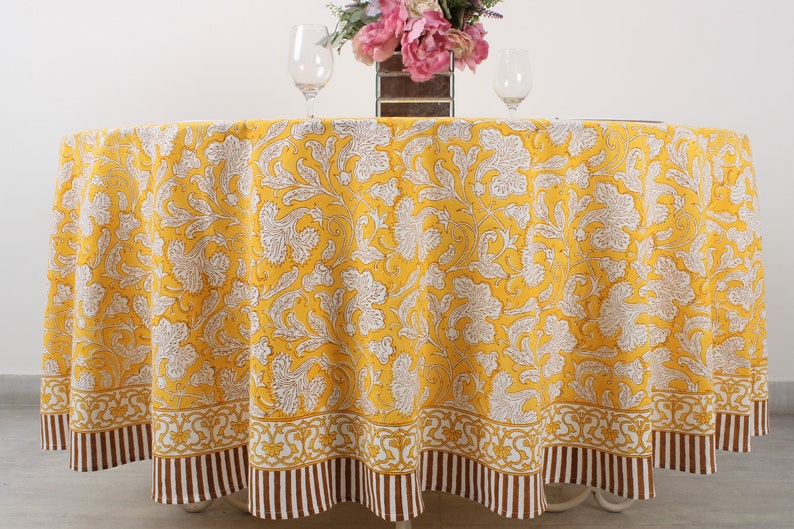 Fabricrush Saffron Yellow Round Tablecloth, Indian Floral Block Printed Cotton Table Cover, Wedding Party Home Decor