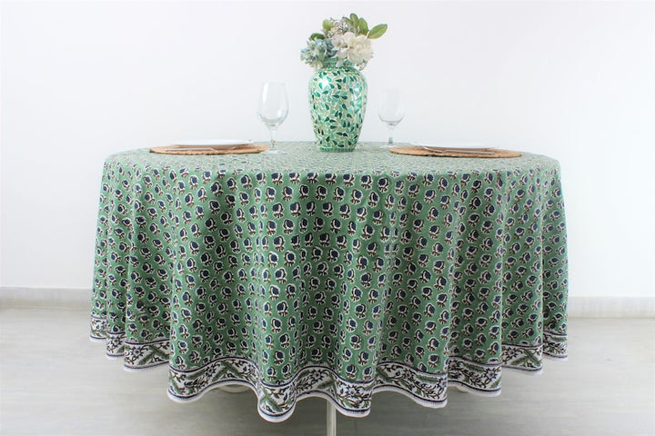 Geen and Blue Hand Block Floral Print Cotton Cloth Round  Tablecloth Available in Multiple sizes. Ideal for Home Décor, Gift for Wedding, Birthday, Anniversary, House Warming, Farmhouse, Her, Mother and Daughter, Valentine's day,  Easter, Spring