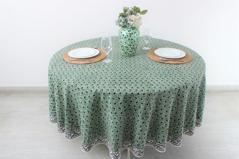 Geen and Blue Hand Block Floral Print Cotton Cloth Round  Tablecloth Available in Multiple sizes. Ideal for Home Décor, Gift for Wedding, Birthday, Anniversary, House Warming, Farmhouse, Her, Mother and Daughter, Valentine's day,  Easter, Spring