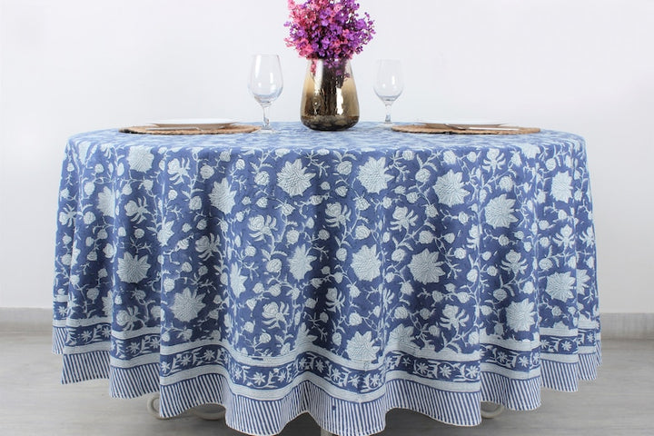 Blue and White Hand Block Floral Cotton Round  Tablecloth Available in Multiple sizes. Ideal for Home Décor, Wedding, Birthday, Anniversary, House Warming Farmhouse and for Men, Mother and Daughter, Valentine's day,  Easter, Spring