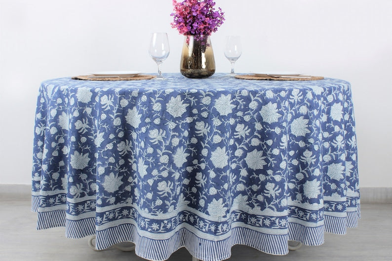 Prussian Blue and White Indian Floral Block Printed Cotton Cloth Round Tablecloth, Party Wedding Farmhouse Christmas Table Linen, Home Decor