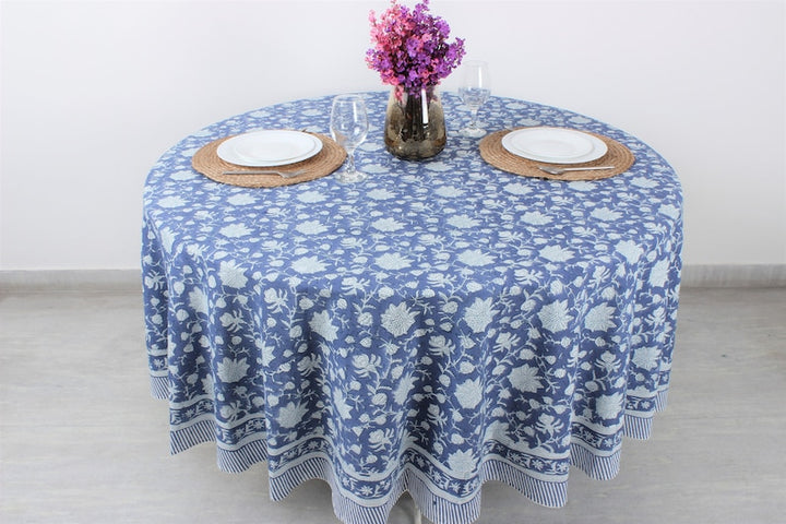 Blue and White Hand Block Floral Cotton Round  Tablecloth Available in Multiple sizes. Ideal for Home Décor, Wedding, Birthday, Anniversary, House Warming Farmhouse and for Men, Mother and Daughter, Valentine's day,  Easter, Spring