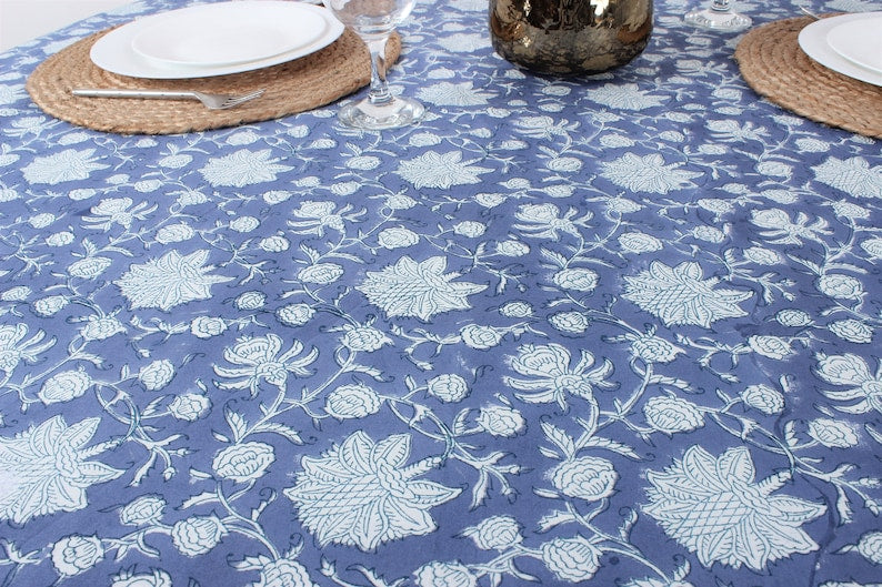 Blue and White Hand Block Floral Cotton Round  Tablecloth Available in Multiple sizes. Ideal for Home Décor, Wedding, Birthday, Anniversary, House Warming Farmhouse and for Men, Mother and Daughter, Valentine's day,  Easter, Spring