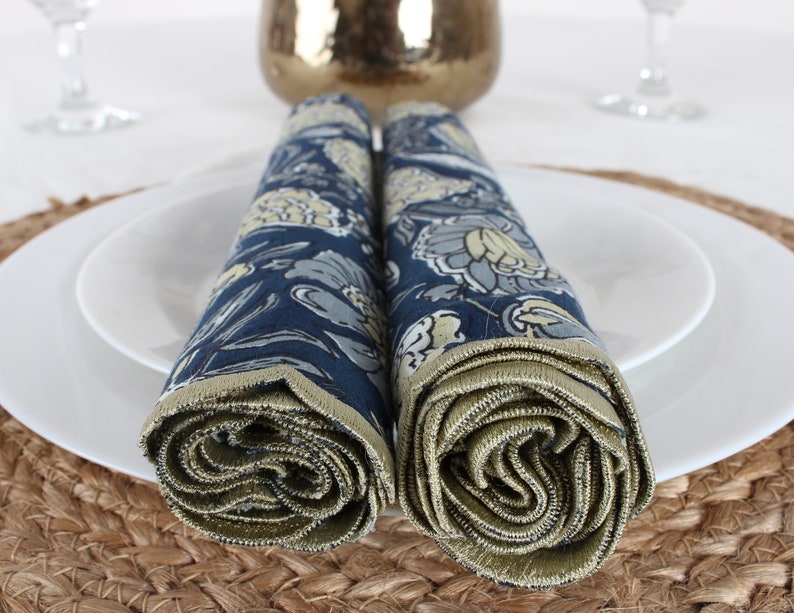 Navy Blue Floral Hand Block Print Cotton Embroidery Napkins