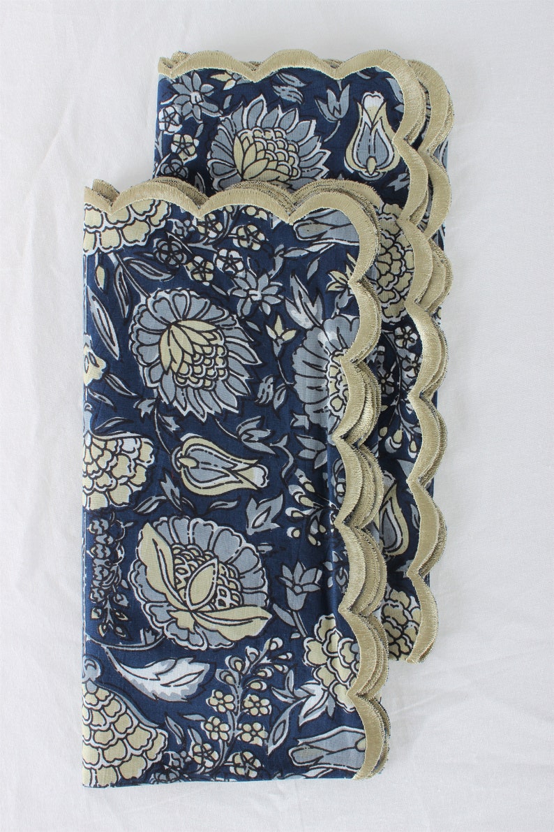 Navy Blue Floral Hand Block Print Cotton Embroidery Napkins