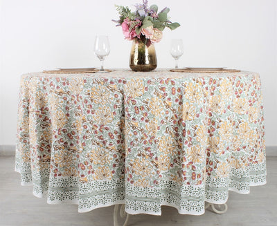 Fabricrush Canary yellow, mint green and brown Indian Hand Block Floral Printed Cotton Round Tablecloth, Outdoor Wedding Home Party Patio Event Garden