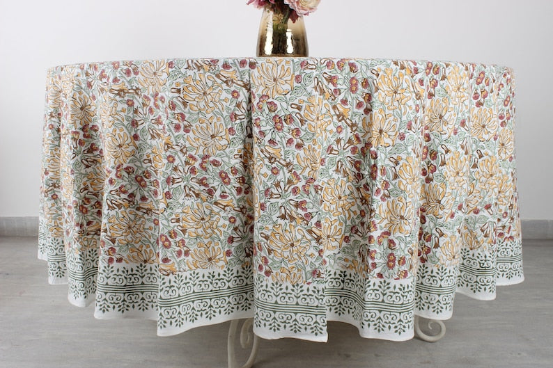 Fabricrush Canary yellow, mint green and brown Indian Hand Block Floral Printed Cotton Round Tablecloth, Outdoor Wedding Home Party Patio Event Garden