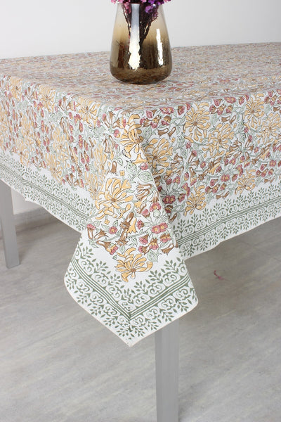 Fabricrush Canary yellow mint green and chestnut brown Indian Hand Block Print Tablecloth, Table Cover, Linen Set, Farmhouse Decor, Wedding Tablecloth