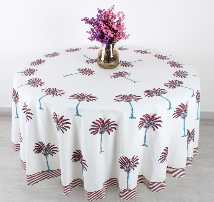 Fabricrush Red Palm Tree Round Tablecloth, Indian Floral Hand Block Printed Cotton Cloth Table cover, Home Decor and Gifts, Gift for her, gifts, Valentine's day,  Easter, Spring