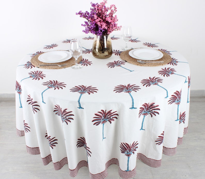 Fabricrush Red Palm Tree Round Tablecloth, Indian Floral Hand Block Printed Cotton Cloth Table cover, Home Decor and Gifts, Gift for her, gifts, Valentine's day,  Easter, Spring