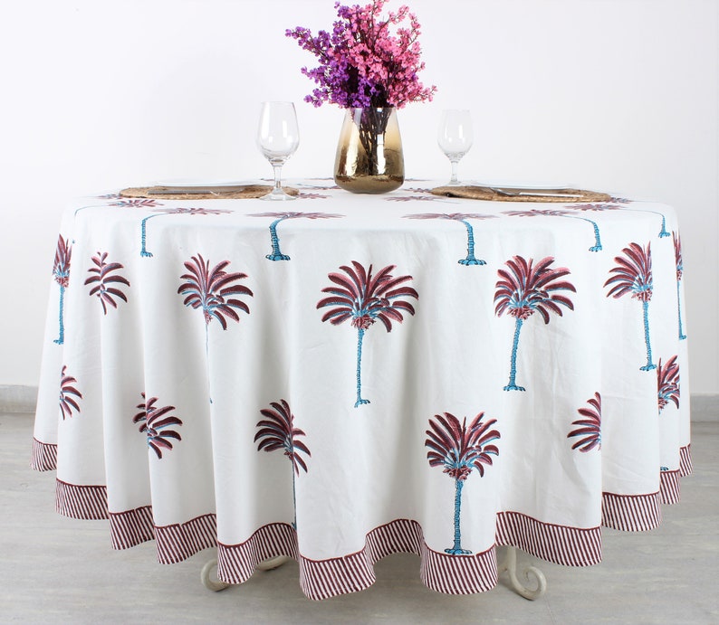 Fabricrush Red Palm Tree Round Tablecloth, Indian Floral Hand Block Printed Cotton Cloth Table cover, Home Decor and Gifts, Gift for her, gifts, Valentine's day,  Easter, Spring