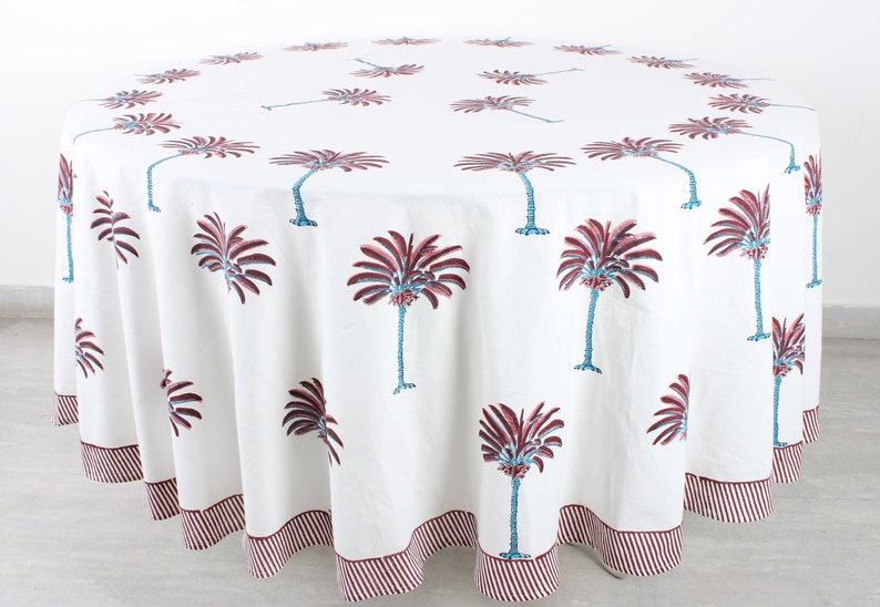 Fabricrush Red Palm Tree Round Tablecloth, Indian Floral Hand Block Printed Cotton Cloth Table cover, Home Decor and Gifts, Gift for her, gifts, Valentine's day,  Easter, Spring